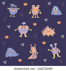Cute cartoon monsters. Cartoon aliens in flat style. Space theme seamless pattern with aliens and monsters.Hand drawn illustration with colorful cartoon aliens pattern on violet background for textile