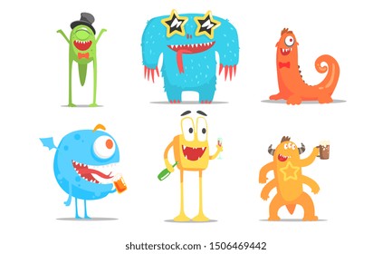 Cute Cartoon Monsters Characters Set, Funny Party Design Elements Vector Illustration