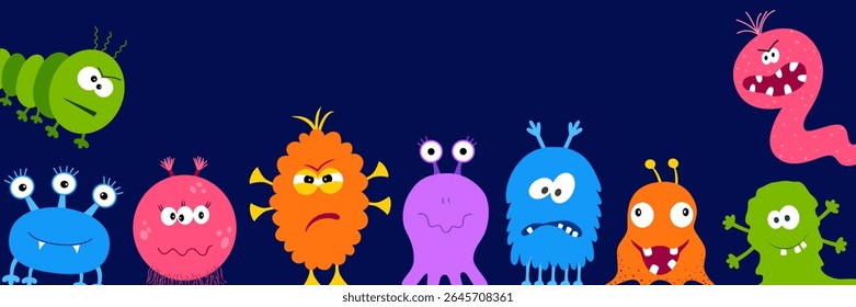 Cute cartoon monsters characters set. Happy Halloween. Bacteria, virus, germ with facial expression. Colorful silhouette funny and scary monsters. Different face and emotions. Vector  illustration.