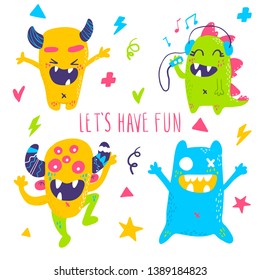 Cute cartoon monsters collection. Vector set of flat isolated monsters. Good design for illustration, poster, print, t-shirt, party decoration, logo, emblem or sticker.