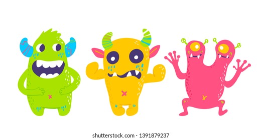 Cute cartoon monsters collection. Vector set of flat isolated monsters. Good design for illustration, poster, print, t-shirt, party decoration, logo, emblem or sticker.