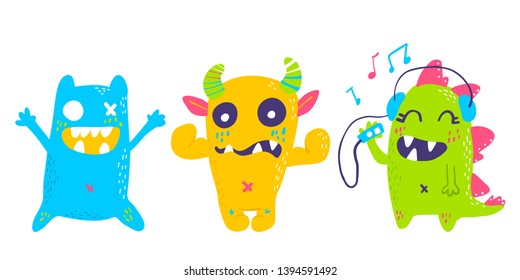 Cute cartoon monsters collection. Vector set of flat isolated monsters. Good design for illustration, poster, print, t-shirt, party decoration, logo, emblem or sticker.