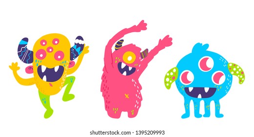 Cute cartoon monsters collection. Vector set of flat isolated monsters. Good design for illustration, poster, print, t-shirt, party decoration, logo, emblem or sticker.