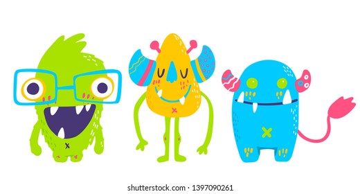 Cute cartoon monsters collection. Vector set of flat isolated monsters. Good design for illustration, poster, print, t-shirt, party decoration, logo, emblem or sticker.