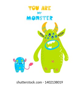 Cute cartoon monsters collection. Vector set of flat isolated monsters. Good design for illustration, poster, print, t-shirt, party decoration, logo, emblem or sticker.