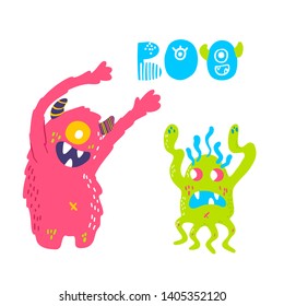 Cute cartoon monsters collection. Vector set of flat isolated monsters. Good design for illustration, poster, print, t-shirt, party decoration, logo, emblem or sticker.