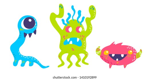Cute cartoon monsters collection. Vector set of flat isolated monsters. Good design for illustration, poster, print, t-shirt, party decoration, logo, emblem or sticker.