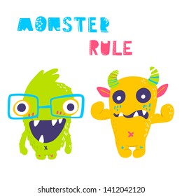 Cute cartoon monsters collection. Vector set of flat isolated monsters. Good design for illustration, poster, print, t-shirt, party decoration, logo, emblem or sticker.