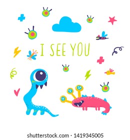 Cute cartoon monsters collection. Vector set of flat isolated monsters. Good design for illustration, poster, print, t-shirt, party decoration, logo, emblem or sticker.