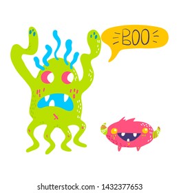 Cute cartoon monsters collection. Vector set of flat isolated monsters. Good design for illustration, poster, print, t-shirt, party decoration, logo, emblem or sticker.