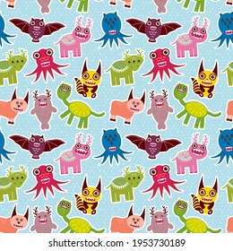 Cute cartoon Monsters collectoin seamless pattern kawaii fabulous animals on blue polka dot background kids decor. Can be used for Gift wrap fabrics, wallpapers. Vector