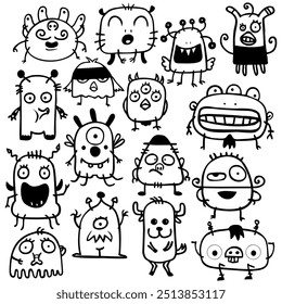 Monstros bonitos de desenhos animados. Alienígenas pequenos cósmicos sorriem design de impressão têxtil. alienígenas ou animais de fantasia para crianças colorindo livros ou camisetas. Crianças mutantes moda personagem moda vetor estilo moda.