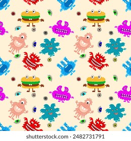 Cute cartoon monsters with different emotions. Seamless pattern for children and teenagers on textiles, prints, paper products, the Internet. Universal. Vector