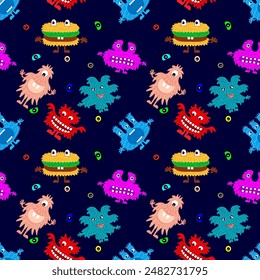 Cute cartoon monsters with different emotions. Seamless pattern for children and teenagers on textiles, prints, paper products, the Internet. Universal. Vector