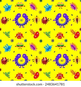 Cute cartoon monsters with different emotions. Seamless pattern for children and teenagers on textiles, prints, paper products, the Internet. Universal. Vector