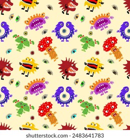 Cute cartoon monsters with different emotions. Seamless pattern for children and teenagers on textiles, prints, paper products, the Internet. Universal. Vector