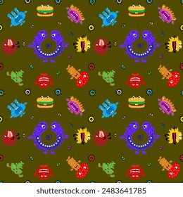 Cute cartoon monsters with different emotions. Seamless pattern for children and teenagers on textiles, prints, paper products, the Internet. Universal. Vector