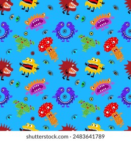 Cute cartoon monsters with different emotions. Seamless pattern for children and teenagers on textiles, prints, paper products, the Internet. Universal. Vector