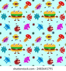 Cute cartoon monsters with different emotions. Seamless pattern for children and teenagers on textiles, prints, paper products, the Internet. Universal. Vector