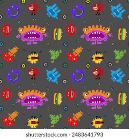 Cute cartoon monsters with different emotions. Seamless pattern for children and teenagers on textiles, prints, paper products, the Internet. Universal. Vector