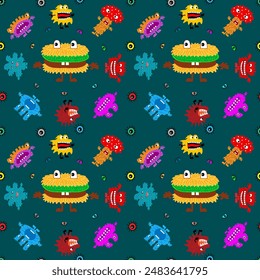 Cute cartoon monsters with different emotions. Seamless pattern for children and teenagers on textiles, prints, paper products, the Internet. Universal. Vector