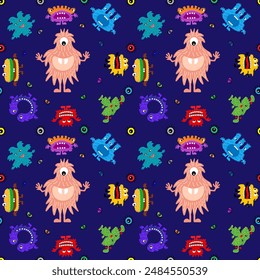 Cute cartoon monsters with different emotions. Seamless pattern for children and teenagers on textiles, prints, paper products, the Internet. Universal. Vector