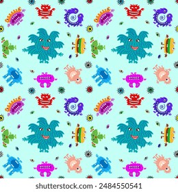 Cute cartoon monsters with different emotions. Seamless pattern for children and teenagers on textiles, prints, paper products, the Internet. Universal. Vector