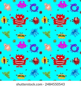 Cute cartoon monsters with different emotions. Seamless pattern for children and teenagers on textiles, prints, paper products, the Internet. Universal. Vector