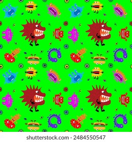 Cute cartoon monsters with different emotions. Seamless pattern for children and teenagers on textiles, prints, paper products, the Internet. Universal. Vector