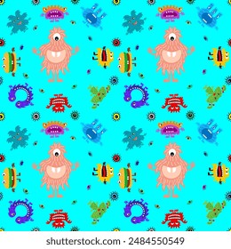 Cute cartoon monsters with different emotions. Seamless pattern for children and teenagers on textiles, prints, paper products, the Internet. Universal. Vector