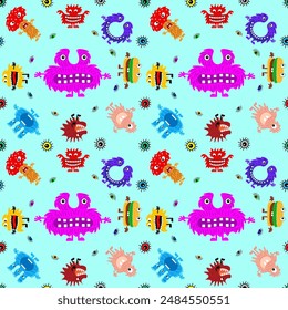 Cute cartoon monsters with different emotions. Seamless pattern for children and teenagers on textiles, prints, paper products, the Internet. Universal. Vector