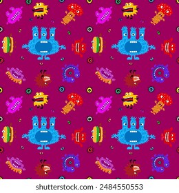 Cute cartoon monsters with different emotions. Seamless pattern for children and teenagers on textiles, prints, paper products, the Internet. Universal. Vector