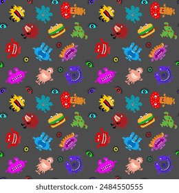 Cute cartoon monsters with different emotions. Seamless pattern for children and teenagers on textiles, prints, paper products, the Internet. Universal. Vector