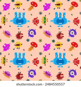 Cute cartoon monsters with different emotions. Seamless pattern for children and teenagers on textiles, prints, paper products, the Internet. Universal. Vector