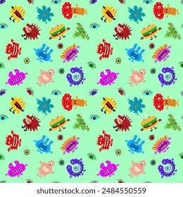 Cute cartoon monsters with different emotions. Seamless pattern for children and teenagers on textiles, prints, paper products, the Internet. Universal. Vector