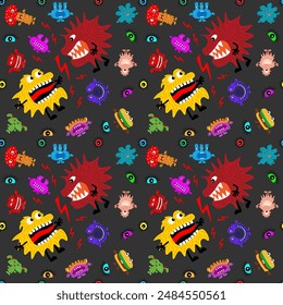 Cute cartoon monsters with different emotions. Seamless pattern for children and teenagers on textiles, prints, paper products, the Internet. Universal. Vector