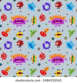 Cute cartoon monsters with different emotions. Seamless pattern for children and teenagers on textiles, prints, paper products, the Internet. Universal. Vector