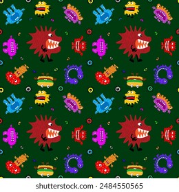 Cute cartoon monsters with different emotions. Seamless pattern for children and teenagers on textiles, prints, paper products, the Internet. Universal. Vector