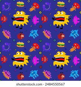 Cute cartoon monsters with different emotions. Seamless pattern for children and teenagers on textiles, prints, paper products, the Internet. Universal. Vector