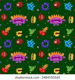 Cute cartoon monsters with different emotions. Seamless pattern for children and teenagers on textiles, prints, paper products, the Internet. Universal. Vector