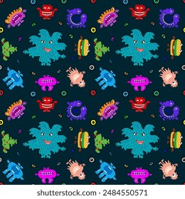 Cute cartoon monsters with different emotions. Seamless pattern for children and teenagers on textiles, prints, paper products, the Internet. Universal. Vector