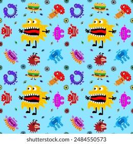 Cute cartoon monsters with different emotions. Seamless pattern for children and teenagers on textiles, prints, paper products, the Internet. Universal. Vector