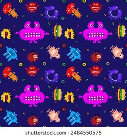 Cute cartoon monsters with different emotions. Seamless pattern for children and teenagers on textiles, prints, paper products, the Internet. Universal. Vector