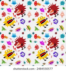 Cute cartoon monsters with different emotions. Seamless pattern for children and teenagers on textiles, prints, paper products, the Internet. Universal. Vector