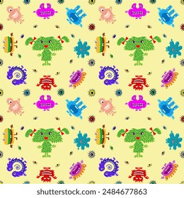 Cute cartoon monsters with different emotions. Seamless pattern for children and teenagers on textiles, prints, paper products, the Internet. Universal. Vector