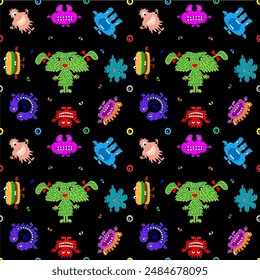 Cute cartoon monsters with different emotions. Seamless pattern for children and teenagers on textiles, prints, paper products, the Internet. Universal. Vector