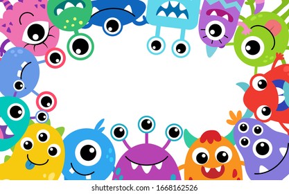 Cute Cartoon Monsters Frame. Vector illustration isolated in white background. Creepy adorable creature, weird monster characters greeting card with bright colorful design. Eps 10 vector.