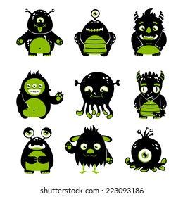 Cute cartoon monsters funny alien character black and green icons set isolated vector illustration