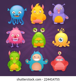 Cute Cartoon Monsters Funny Alien Character Icons Set Isolated On Dark Background Vector Illustration