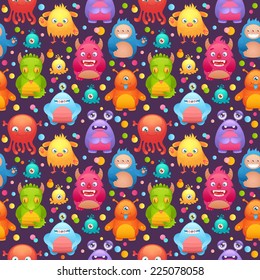 Cute cartoon monsters funny alien character dark background seamless pattern with bubbles vector illustration